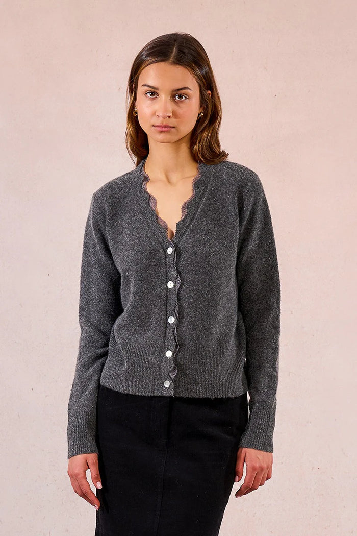 KNITTED LACE V CARDIGAN-GREY-MOLLY BRACKEN