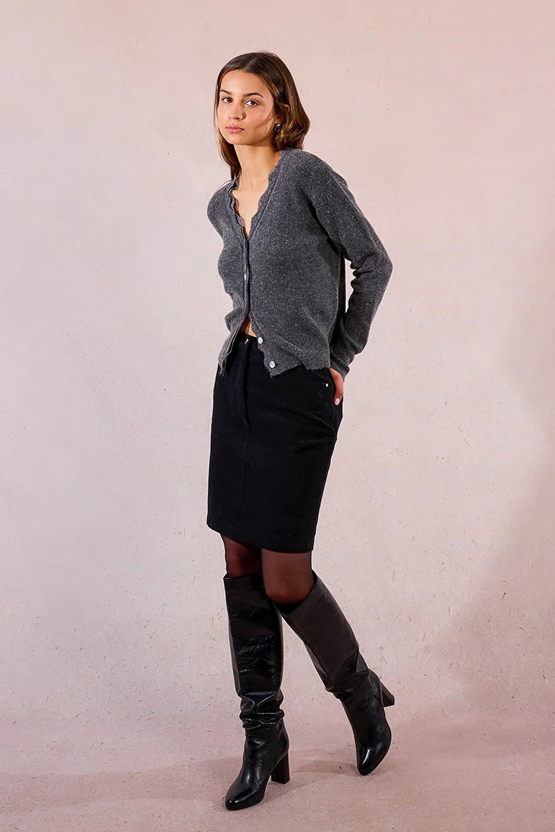 KNITTED LACE V CARDIGAN-GREY-MOLLY BRACKEN