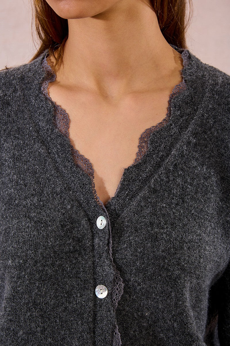 KNITTED LACE V CARDIGAN-GREY-MOLLY BRACKEN