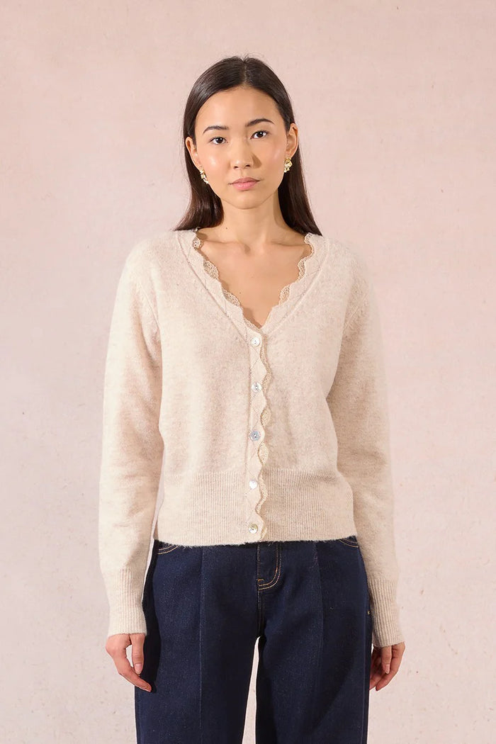 KNITTED LACE V CARDIGAN-LIGHT BEIGE-MOLLY BRACKEN