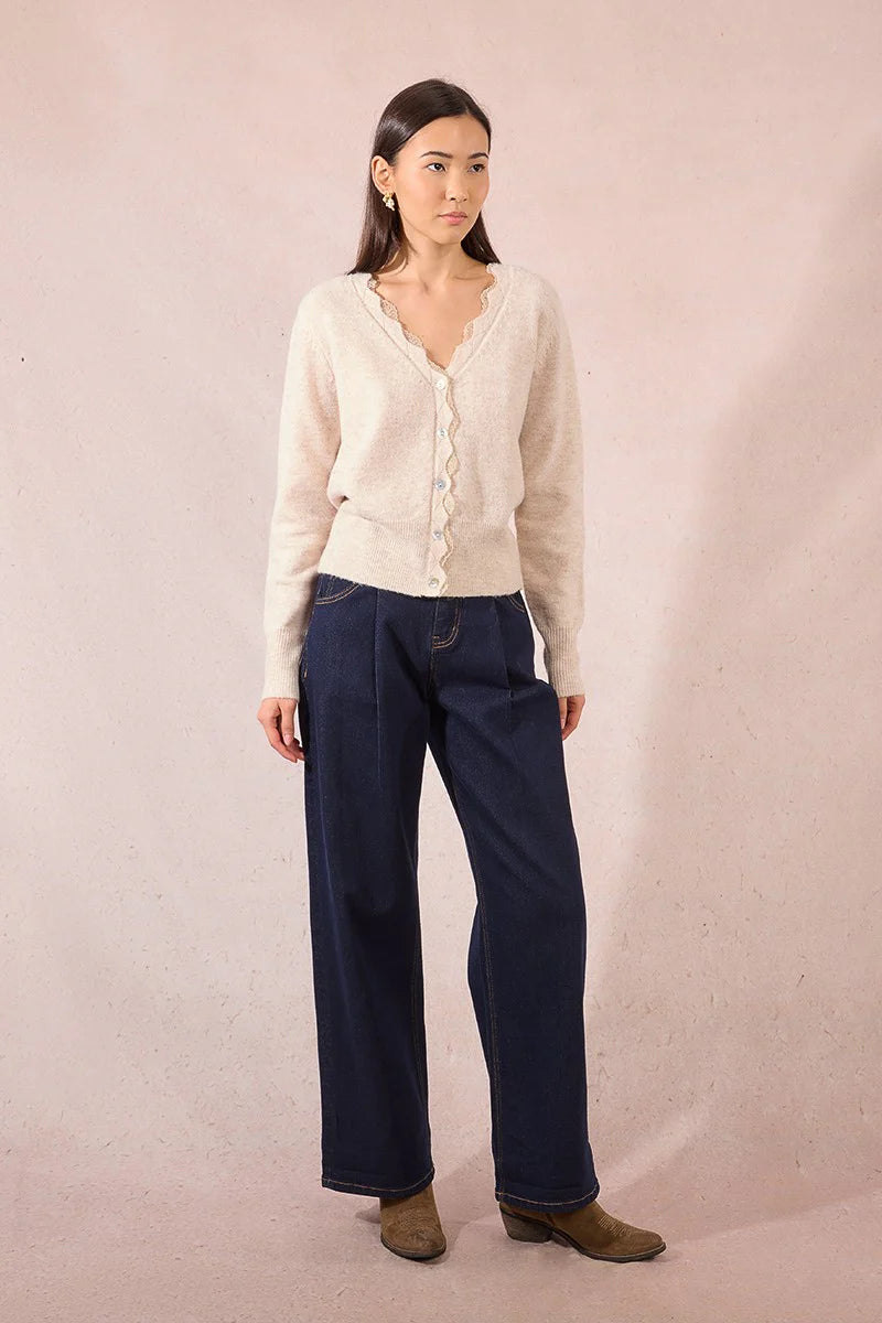 KNITTED LACE V CARDIGAN-LIGHT BEIGE-MOLLY BRACKEN