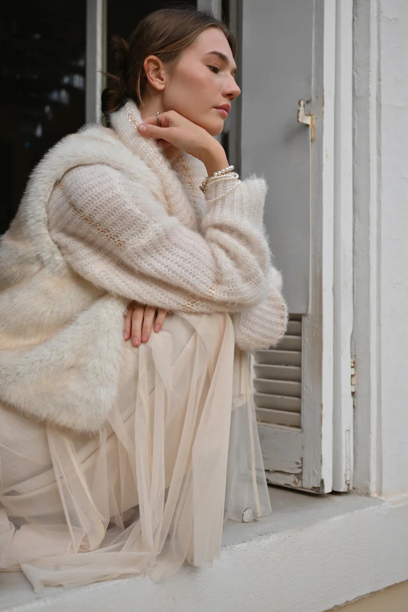 TULLE KNIT MESH SKIRT-OFF WHITE-MOLLY BRACKEN