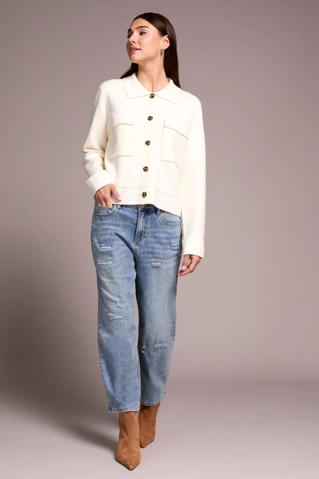 DOUBLE KNIT COLLAR SWEATER CARDIGAN-MOONSTONE-TRIBAL