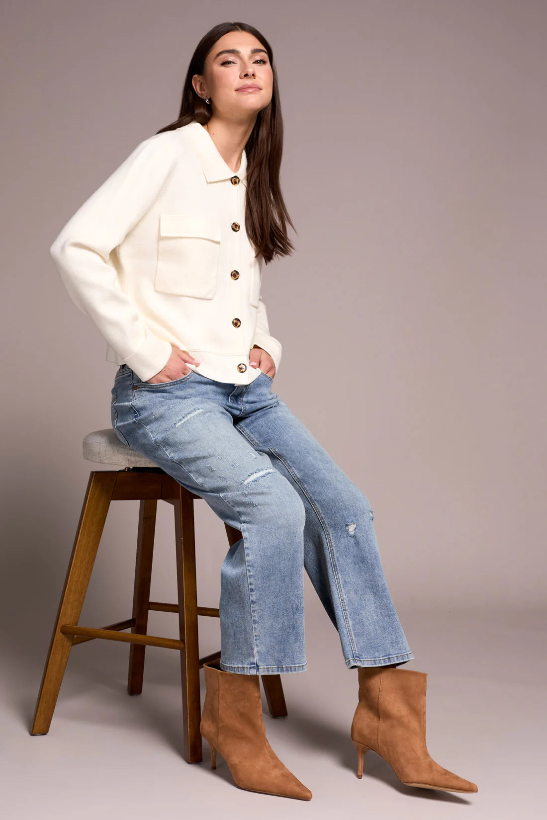 DOUBLE KNIT COLLAR SWEATER CARDIGAN-MOONSTONE-TRIBAL