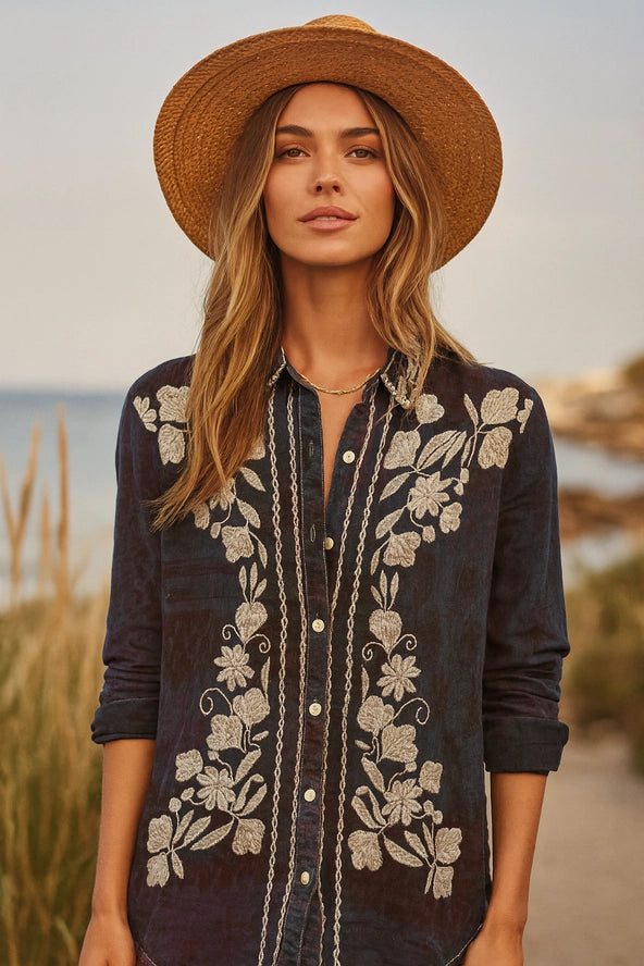 INDIGO EMBROIDERED BLOUSE-NU VINTAGE