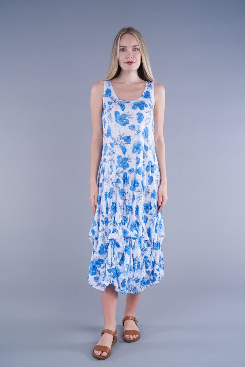 BLUE/WHITE FLORAL PRINT LONG CRINKLE TANK DRESS W/ TIES-SHANA