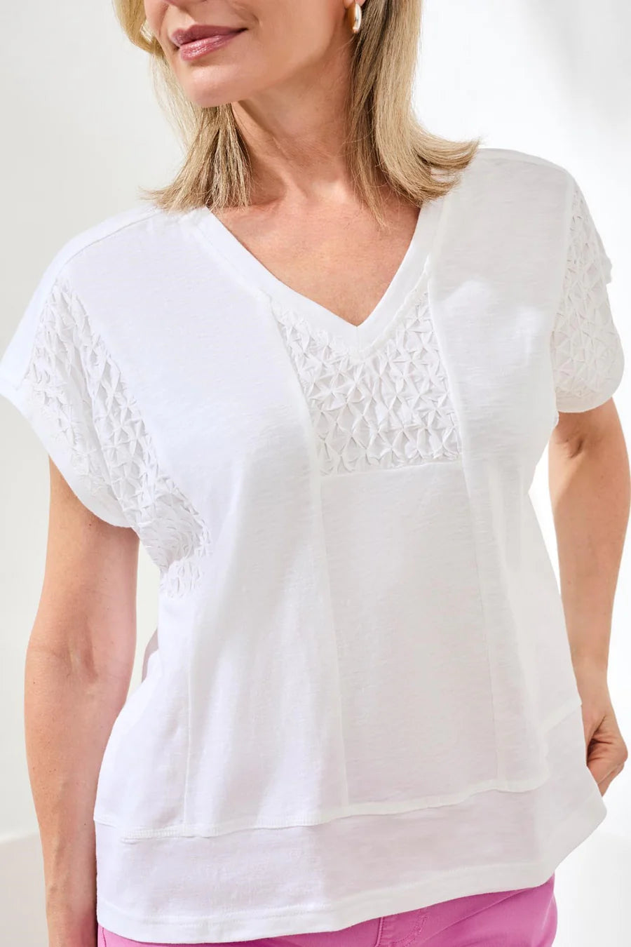 SLUB KNIT V-NECK CAP SLEEVE TOP-WHITE-TRIBAL