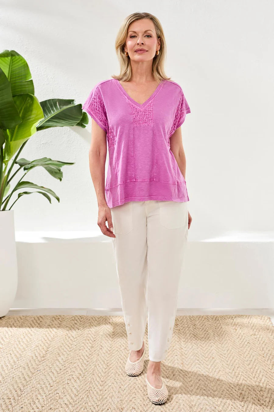 SLUB KNIT V-NECK CAP SLEEVE TOP-WISTERIA-TRIBAL