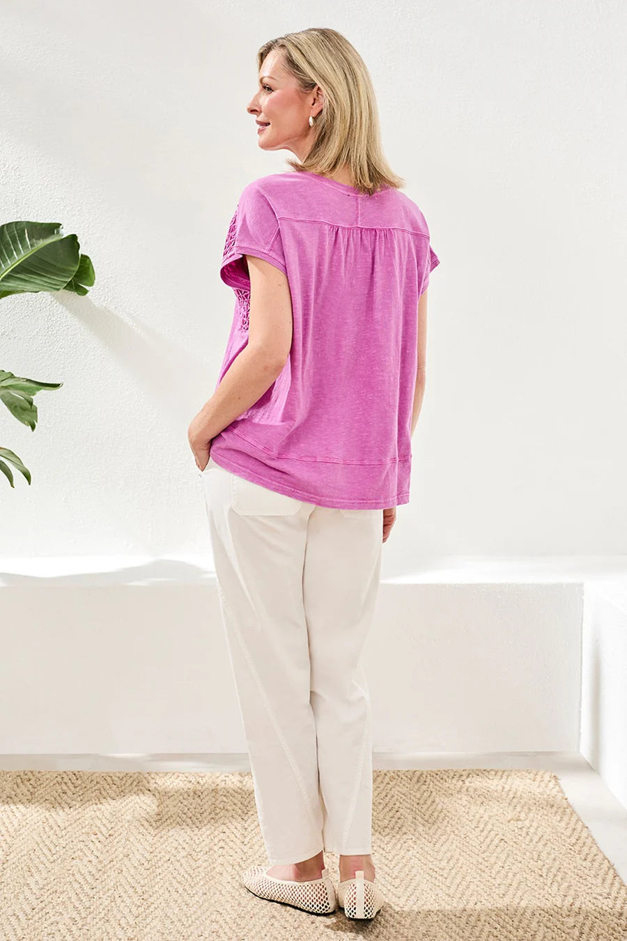SLUB KNIT V-NECK CAP SLEEVE TOP-WISTERIA-TRIBAL
