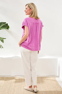 SLUB KNIT V-NECK CAP SLEEVE TOP-WISTERIA-TRIBAL