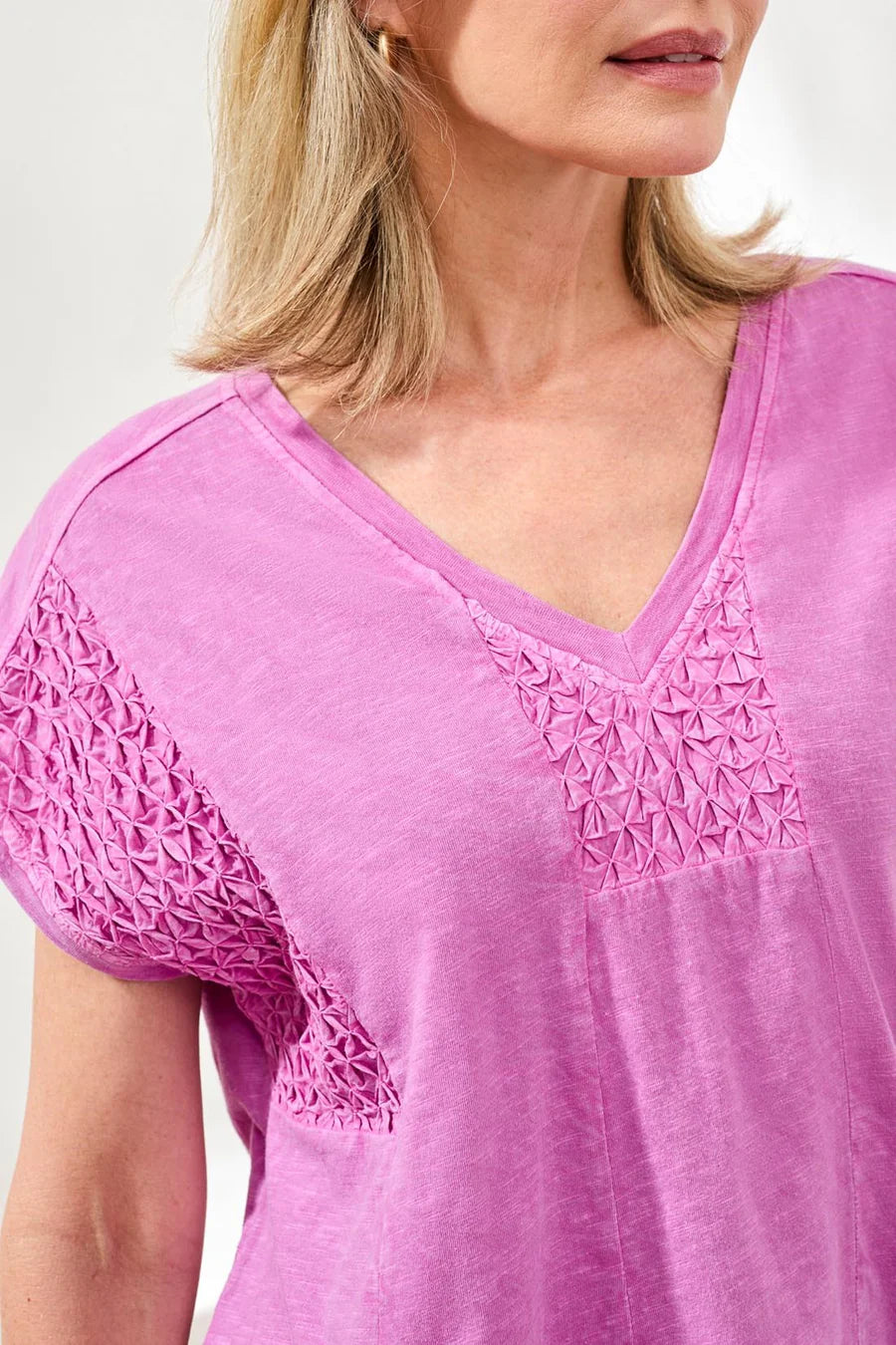 SLUB KNIT V-NECK CAP SLEEVE TOP-WISTERIA-TRIBAL