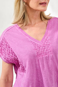 SLUB KNIT V-NECK CAP SLEEVE TOP-WISTERIA-TRIBAL