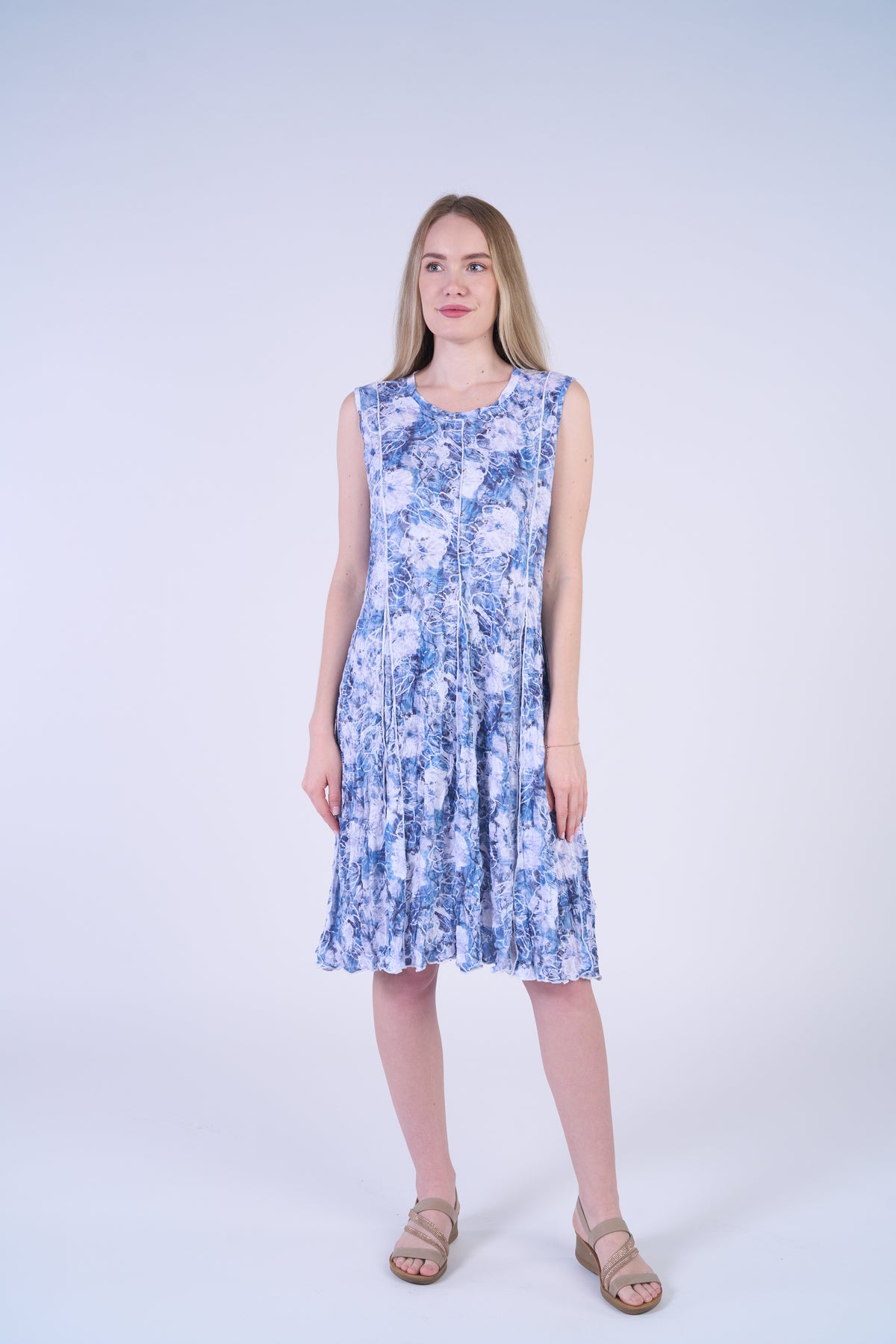 BLUE CRINKLE TANK DRESS W/STITCH PANELS-SHANA