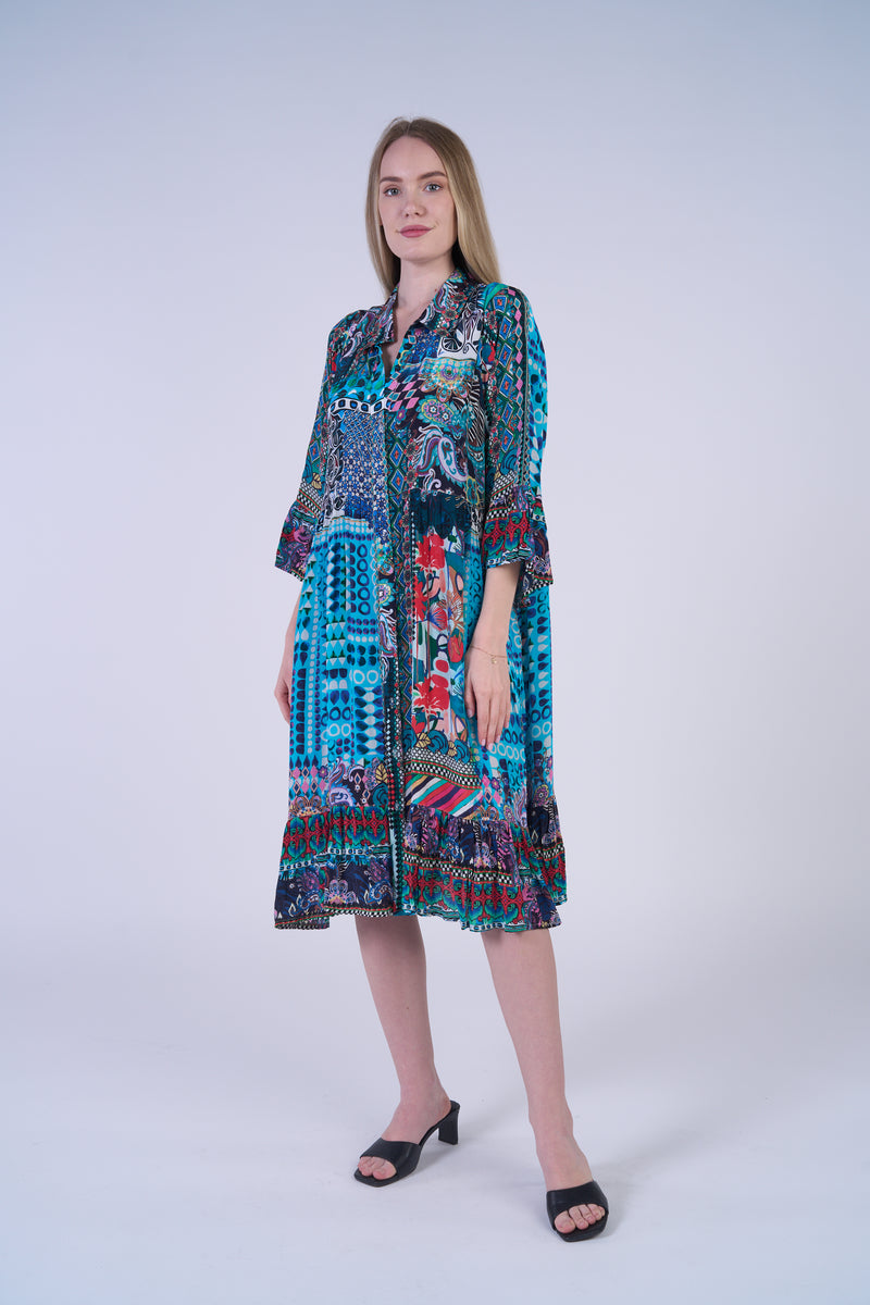 BLUE PRINT BUTTON COLLAR DRESS-SHANA