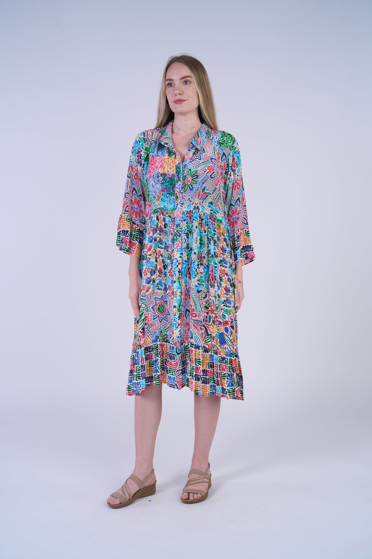 KALEIDOSCOPE PRINT BUTTON COLLAR DRESS-SHANA
