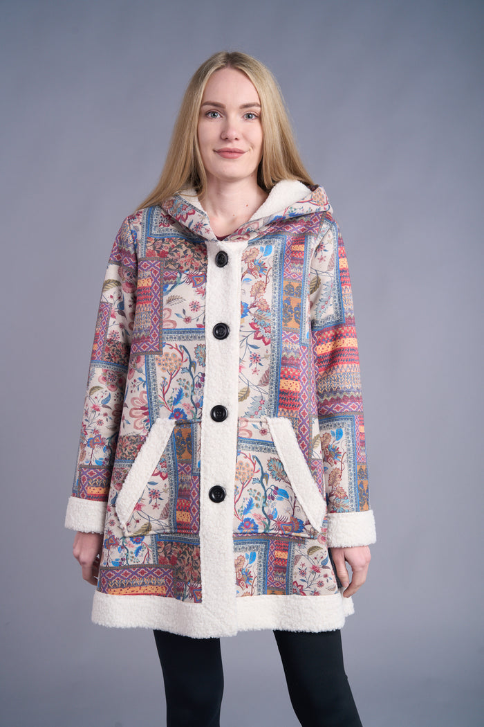 MIXED PRINT SHEARLING HOODED JACKET-SHANA