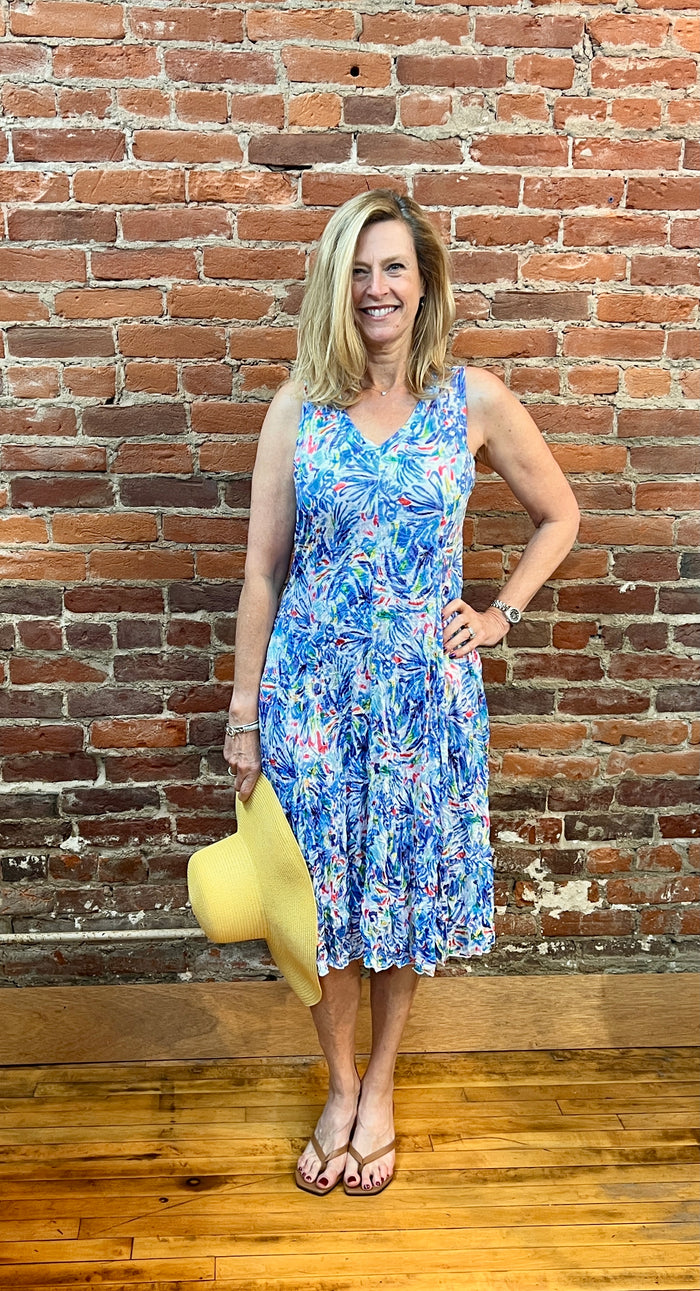 CRINKLE V-NECK POCKET DRESS-BLUE-SHANA