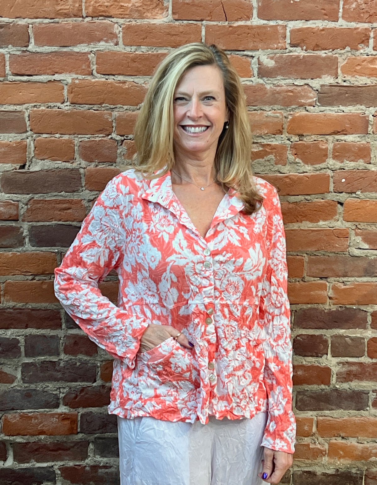 CORAL CRINKLE BUTTON DOWN W/POCKETS-SHANA