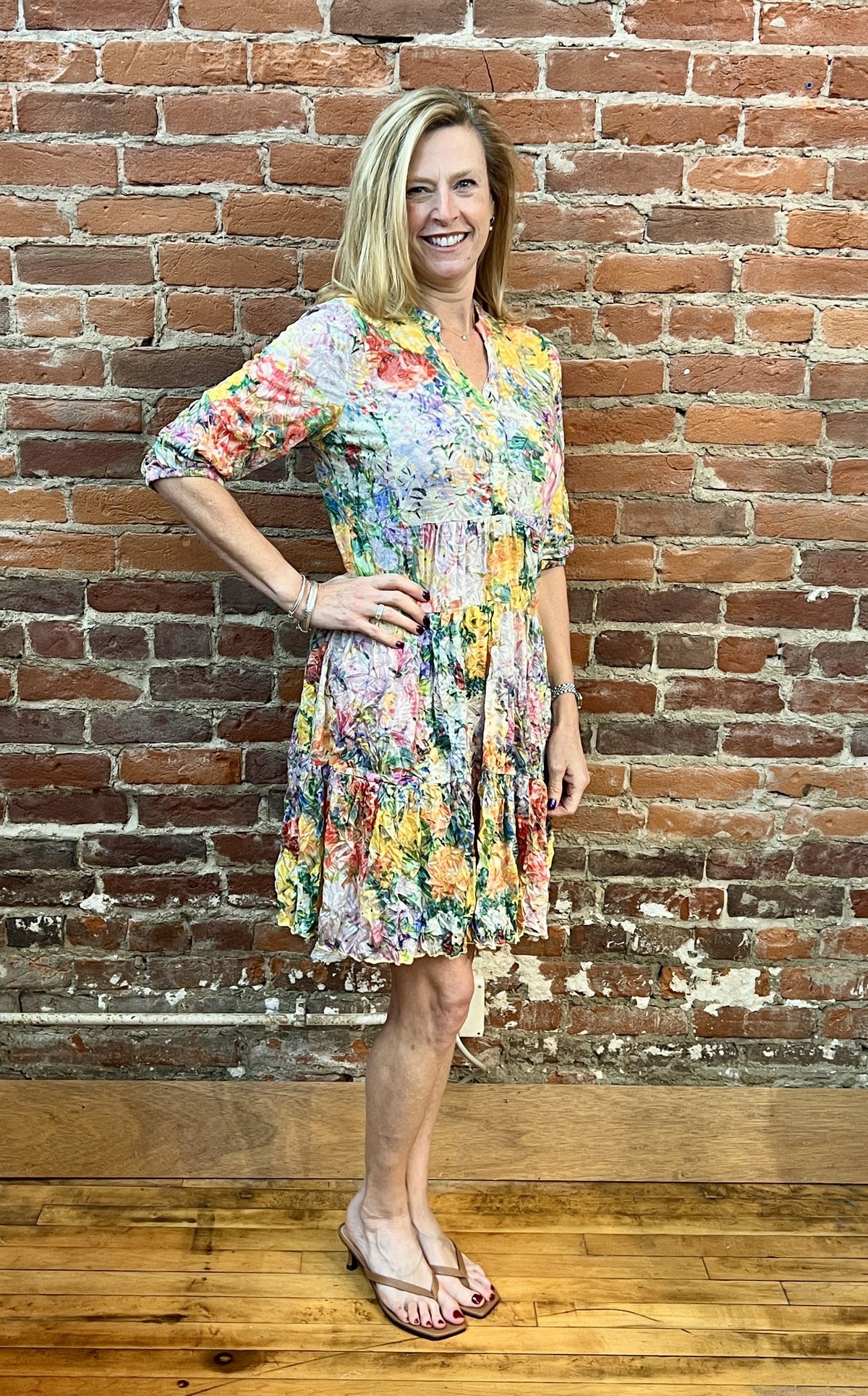 3/4 SLEEVE TIER CRINKLE DRESS-GARDEN-SHANA