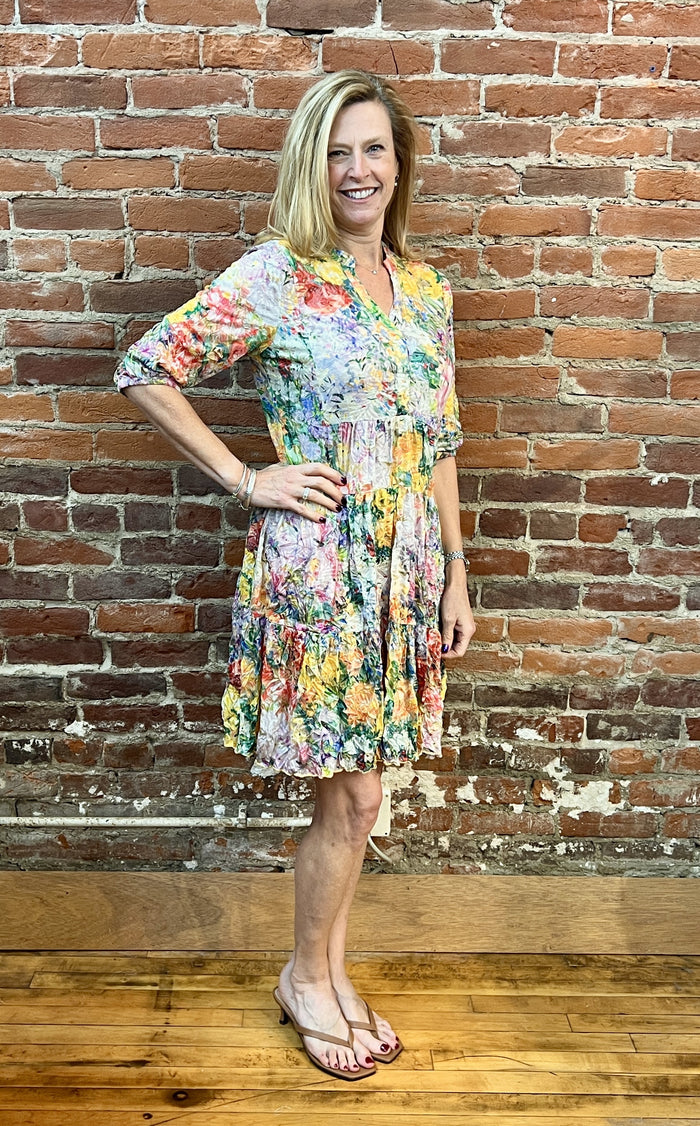 3/4 SLEEVE TIER CRINKLE DRESS-GARDEN-SHANA