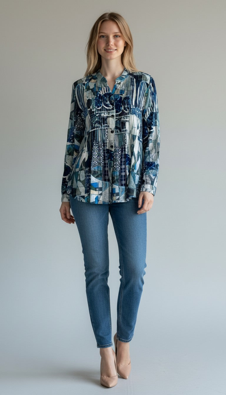 NAVY PINTUCK BLOUSE-SHANA