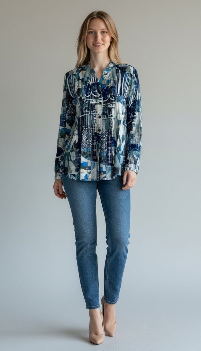 NAVY PINTUCK BLOUSE-SHANA