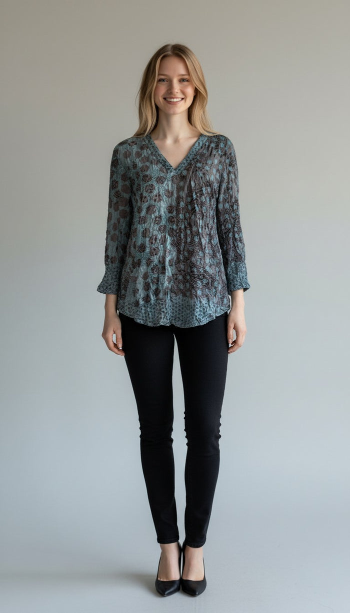 CRINKLE V-NECK TEAL MIX TOP-SHANA