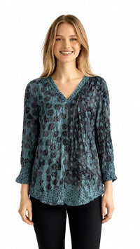 CRINKLE V-NECK TEAL MIX TOP-SHANA