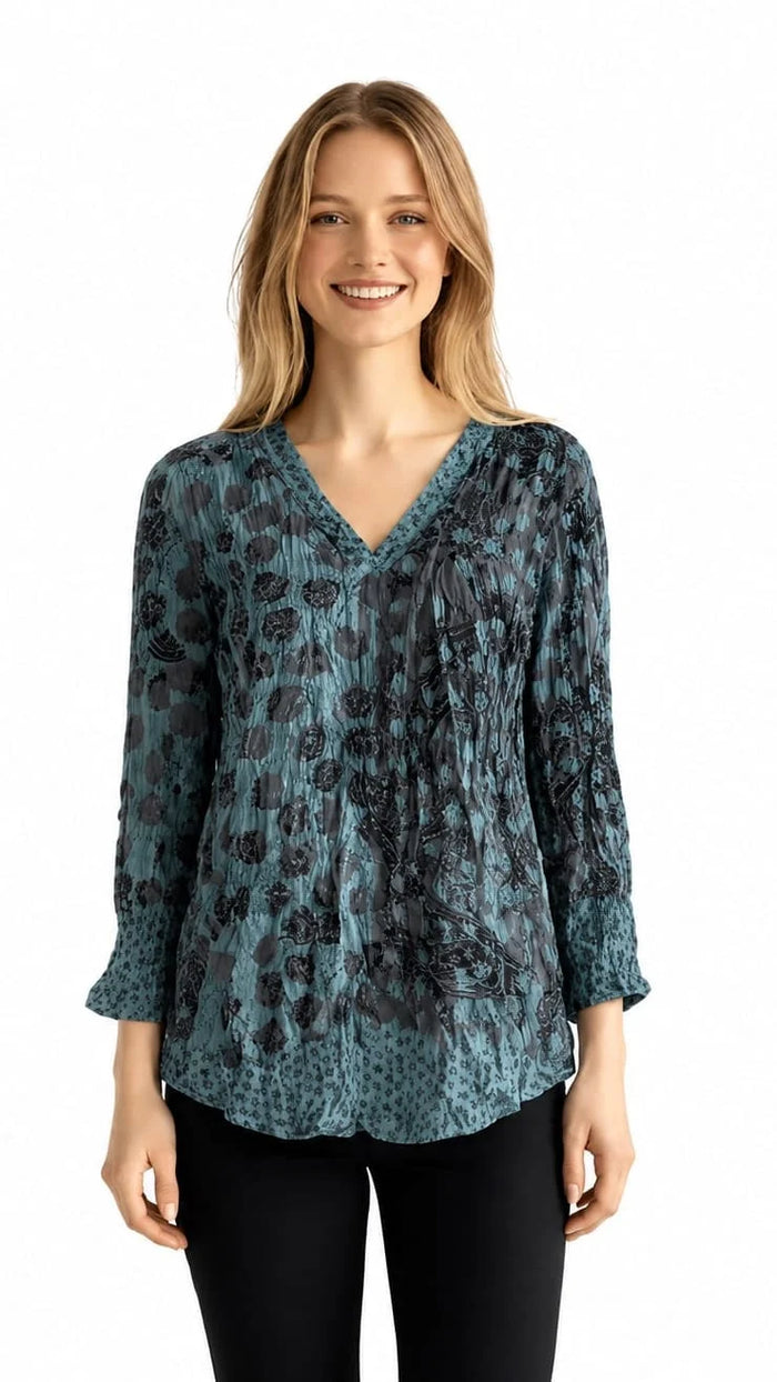 CRINKLE V-NECK TEAL MIX TOP-SHANA