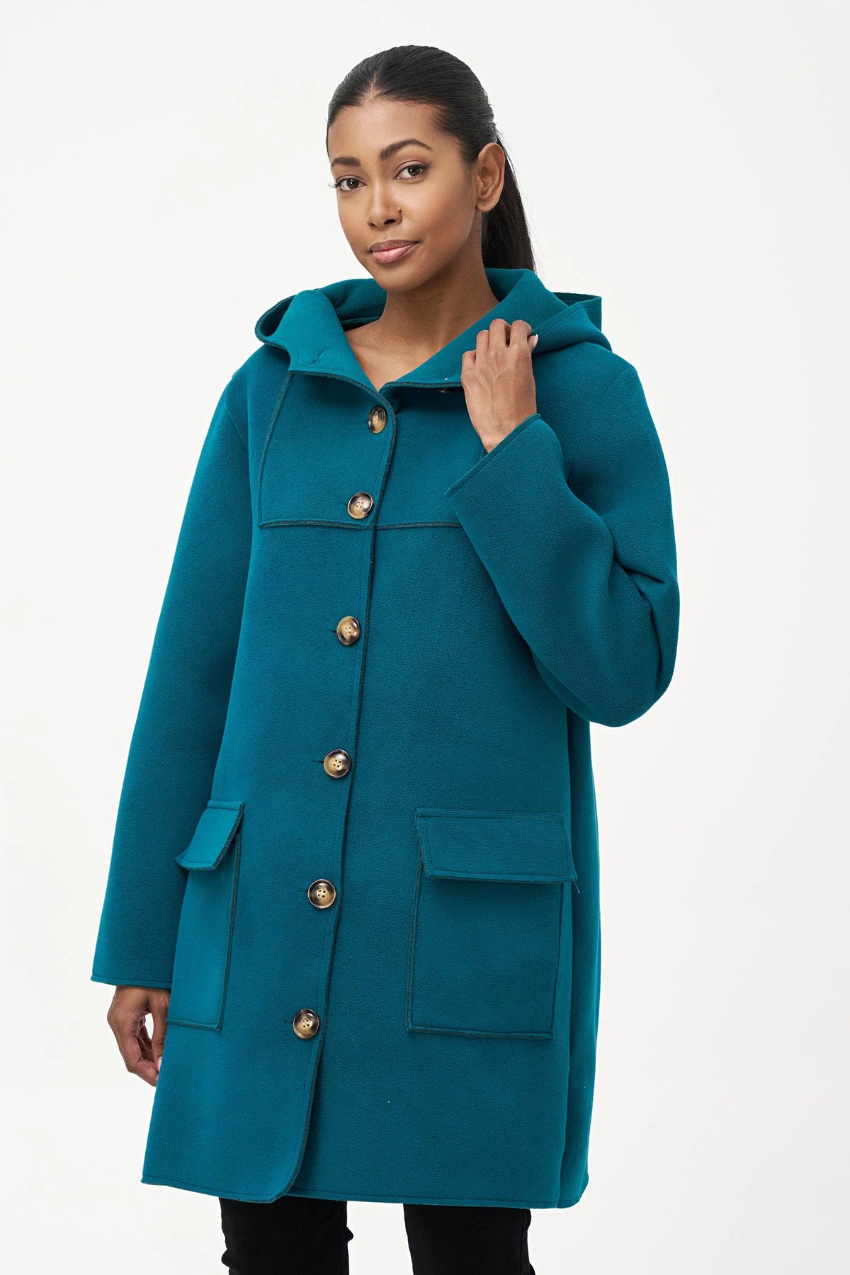 HOODED BUTTON LONG COAT-EMERALD-M MADE IN ITALY