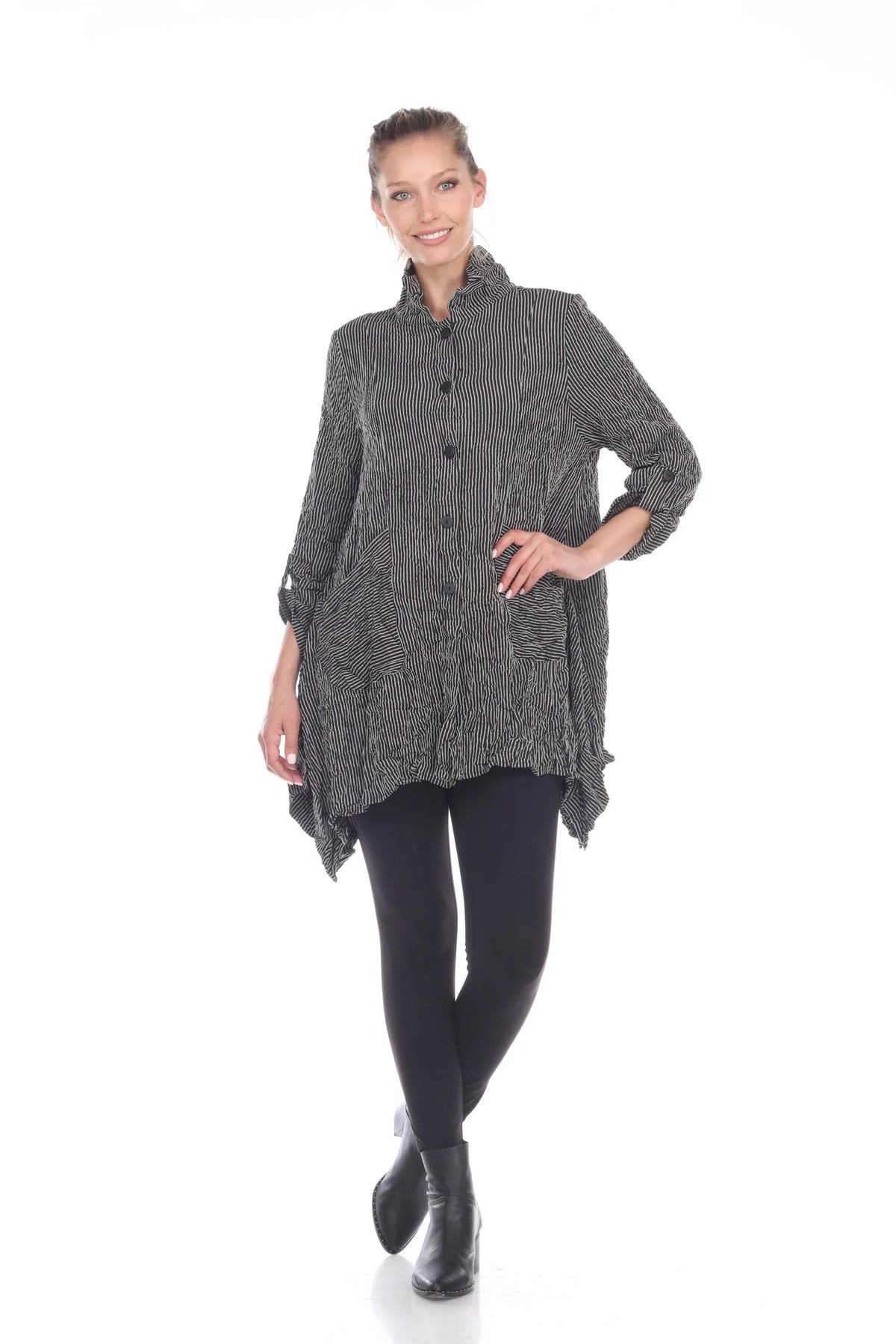 STRIPE BUTTON JACKET WITH ROLL TAB SLEEVE-BLK/WHT-MOONLIGHT