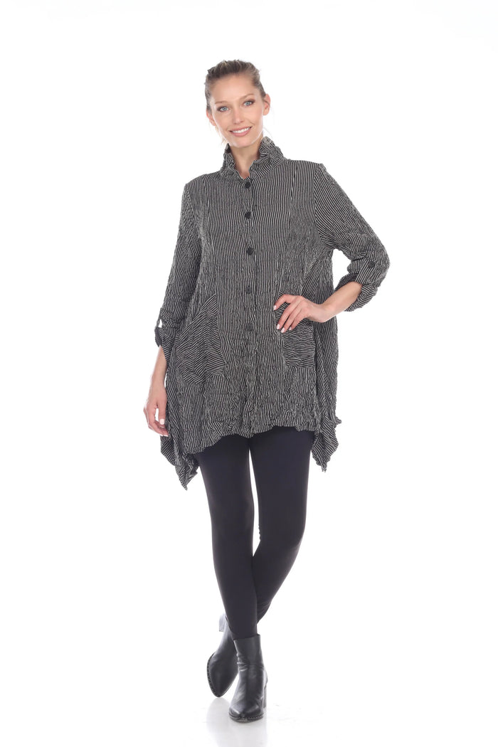 STRIPE BUTTON JACKET WITH ROLL TAB SLEEVE-BLK/WHT-MOONLIGHT