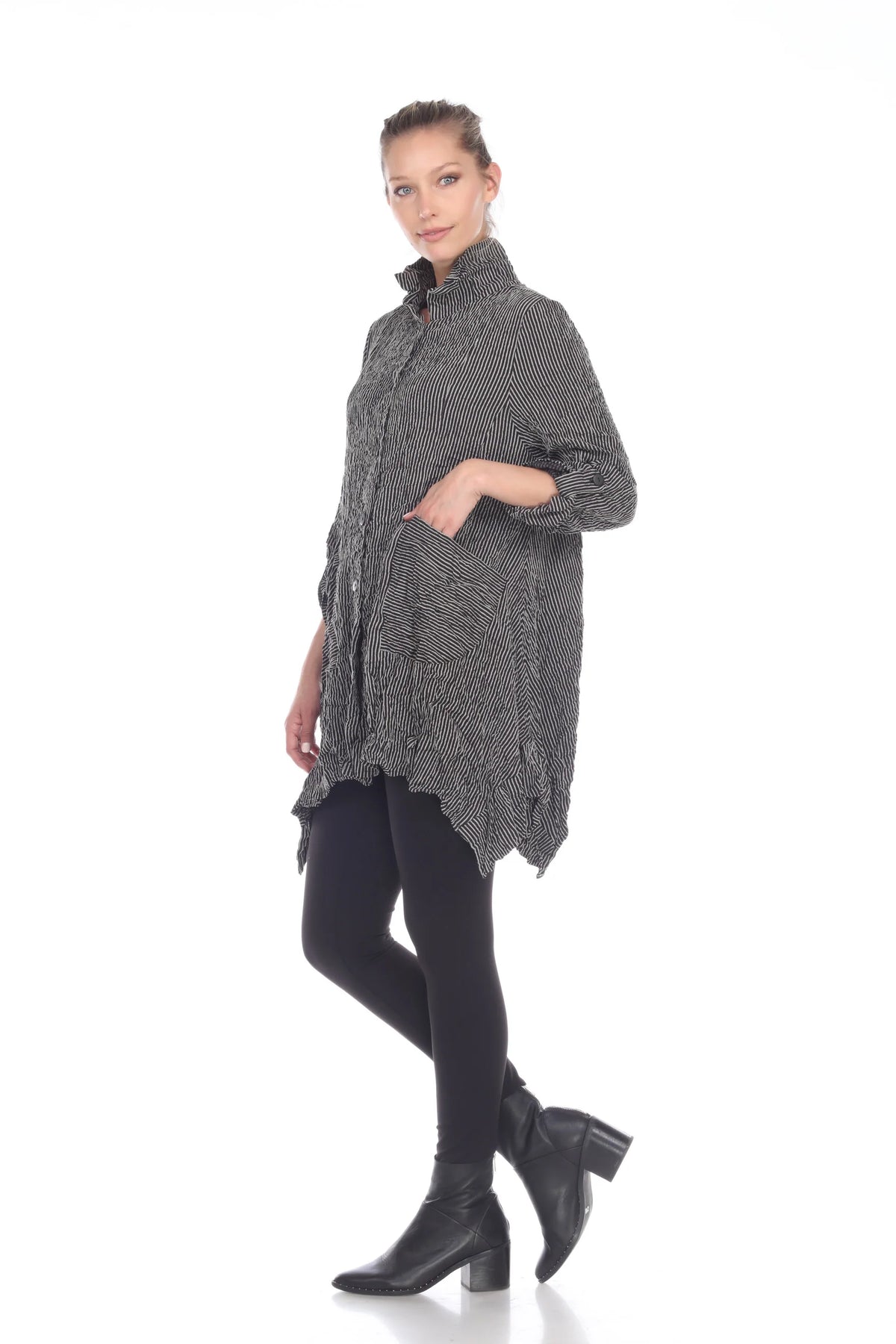 STRIPE BUTTON JACKET WITH ROLL TAB SLEEVE-BLK/WHT-MOONLIGHT