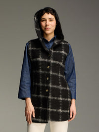 PLAID HOODED BOILED WOOL VEST-CUT LOOSE