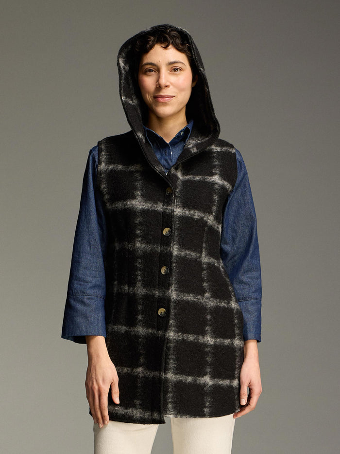 PLAID HOODED BOILED WOOL VEST-CUT LOOSE