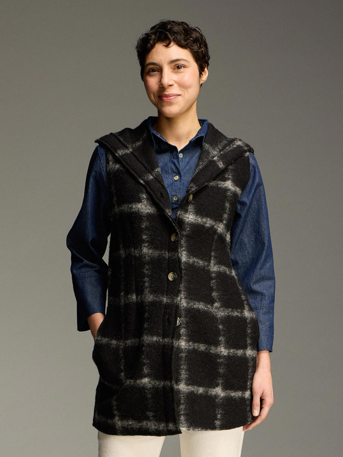 PLAID HOODED BOILED WOOL VEST-CUT LOOSE