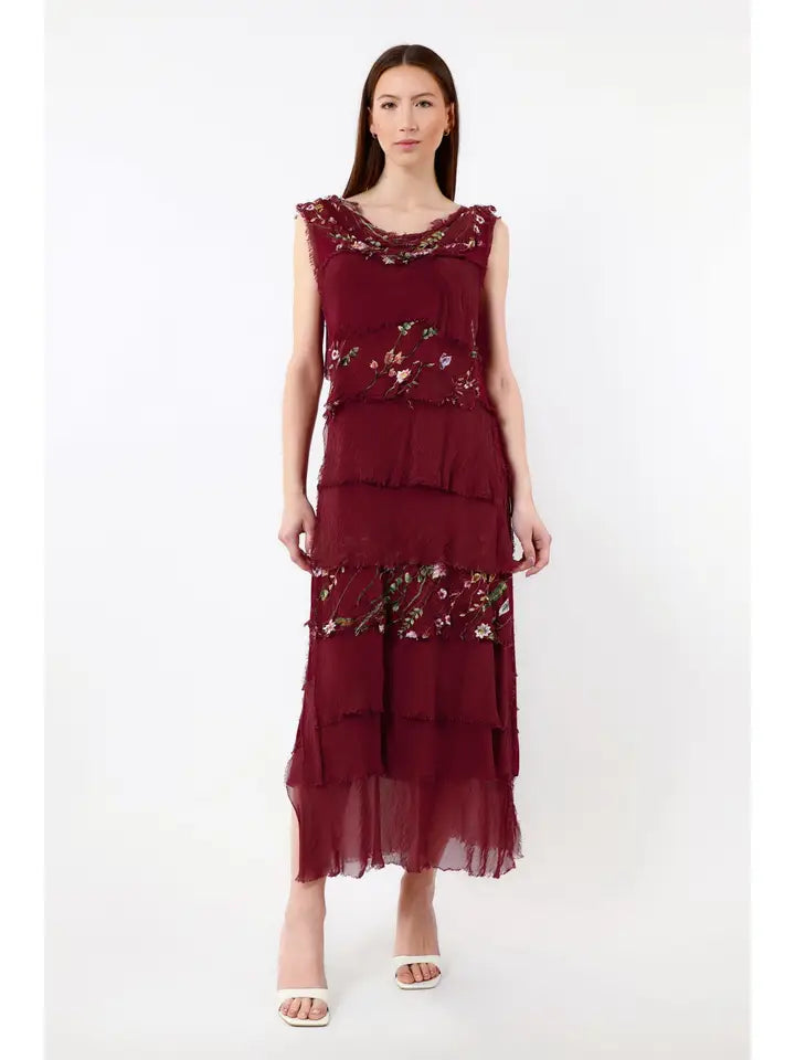 EMBROIDERED ALEENA SILK MAXI RUFFLE DRESS-ONE SIZE-TEES BY TINA