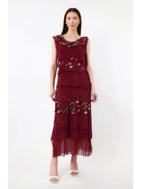 EMBROIDERED ALEENA SILK MAXI RUFFLE DRESS-ONE SIZE-TEES BY TINA