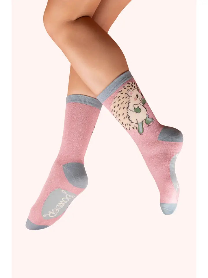 SKATING HEDGEHOG GLITTER ANKLE SOCKS-POWDER