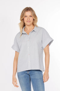 HALF SLEEVE BUTTON FRONT TOP-WHITE/DENIM STRIPE-MODODOC