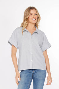 HALF SLEEVE BUTTON FRONT TOP-WHITE/DENIM STRIPE-MODODOC
