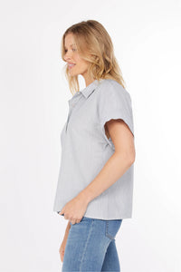 HALF SLEEVE BUTTON FRONT TOP-WHITE/DENIM STRIPE-MODODOC