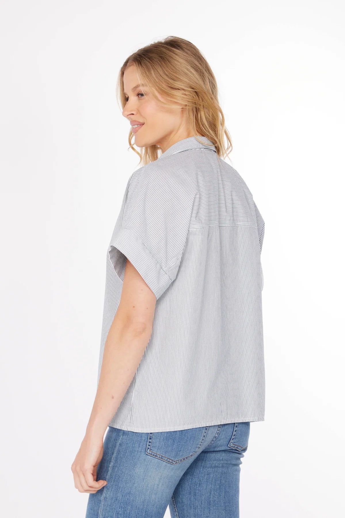 HALF SLEEVE BUTTON FRONT TOP-WHITE/DENIM STRIPE-MODODOC