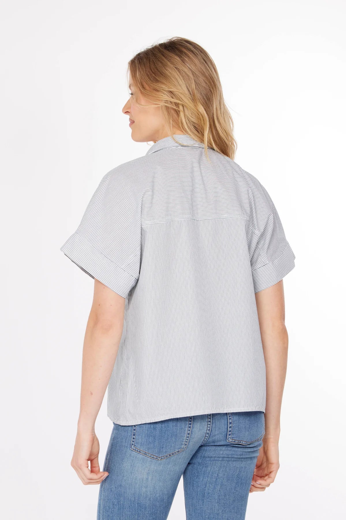 HALF SLEEVE BUTTON FRONT TOP-WHITE/DENIM STRIPE-MODODOC