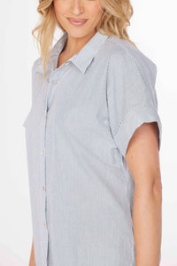 HALF SLEEVE BUTTON FRONT TOP-WHITE/DENIM STRIPE-MODODOC