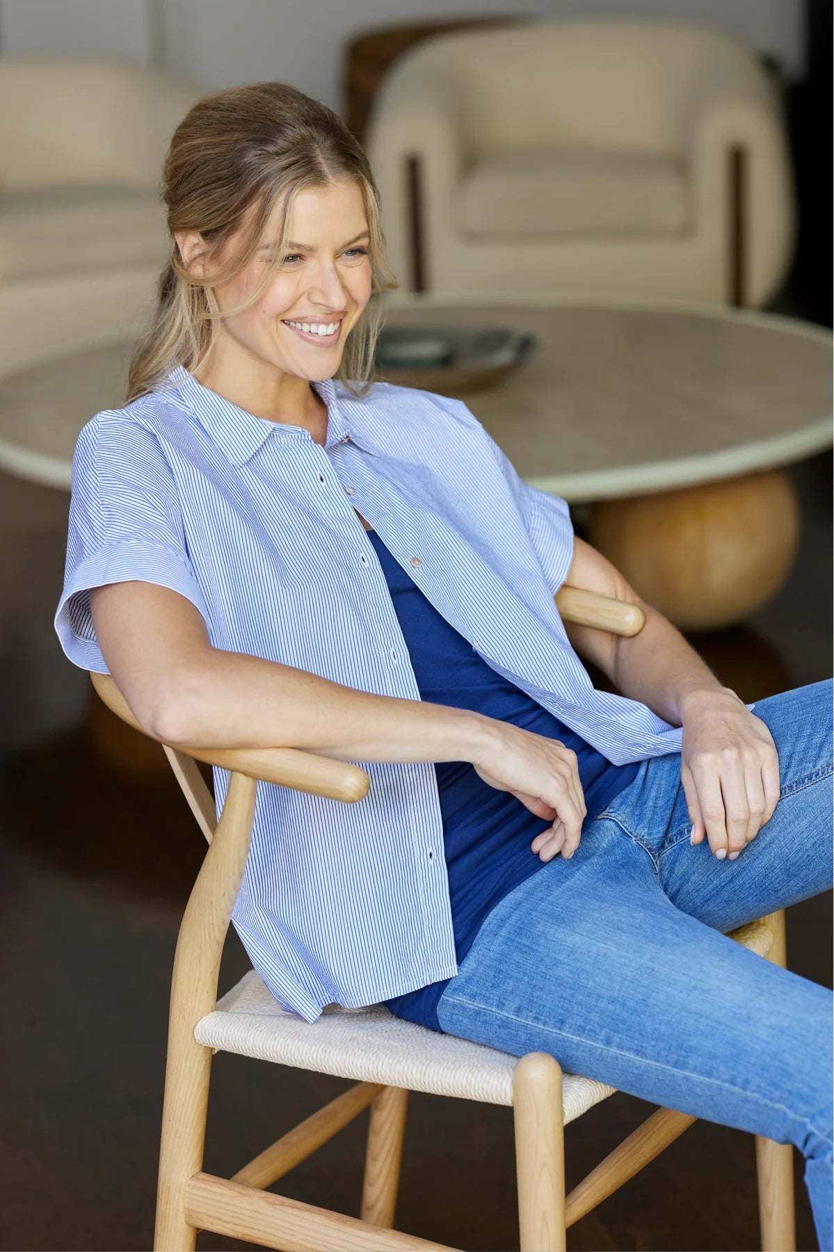 HALF SLEEVE BUTTON FRONT TOP-WHITE/DENIM STRIPE-MODODOC