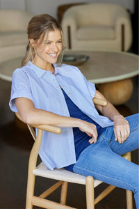 HALF SLEEVE BUTTON FRONT TOP-WHITE/DENIM STRIPE-MODODOC