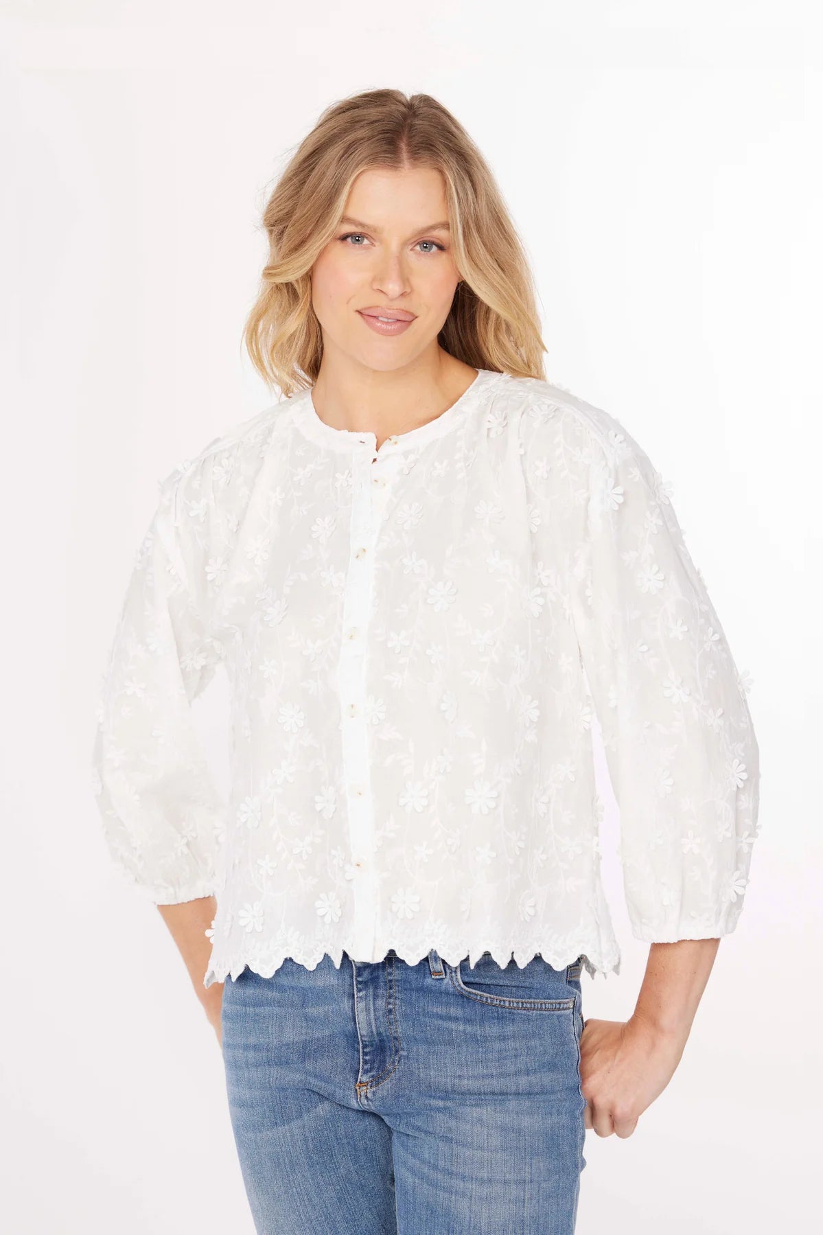 3/4 SLEEVE LACE TOP-WHITE-MODODOC