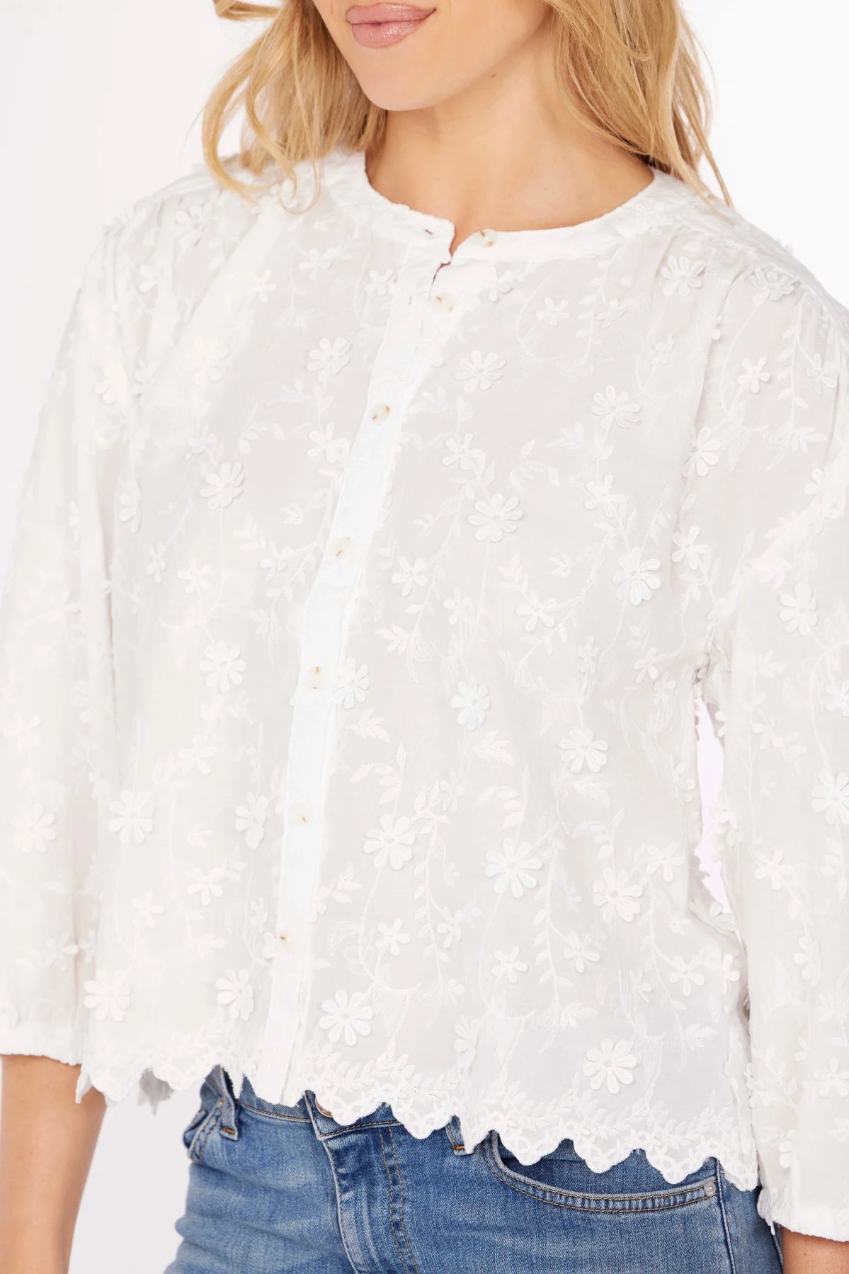 3/4 SLEEVE LACE TOP-WHITE-MODODOC