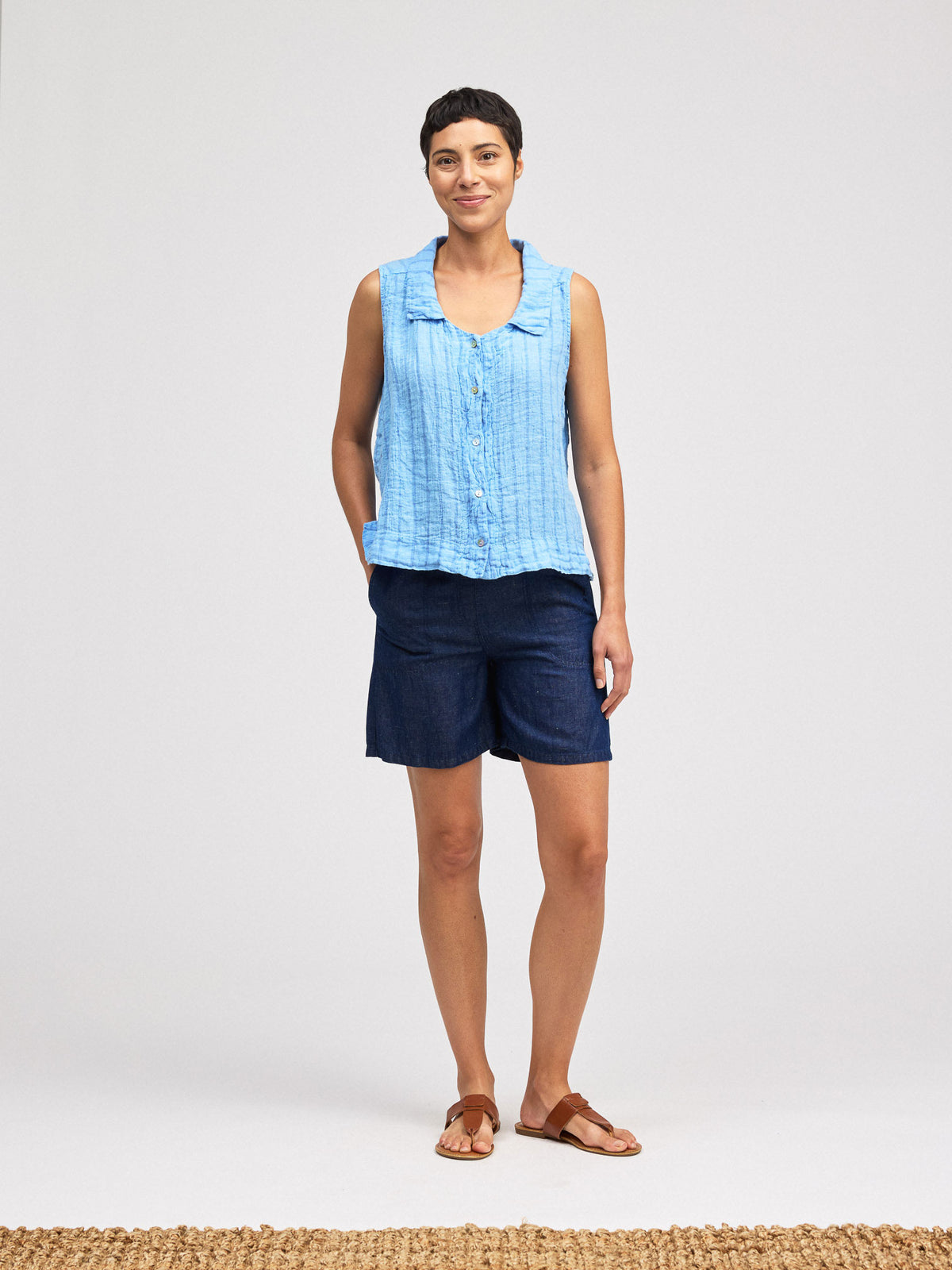 BLUE STRIPE SLEEVELESS SHIRT-FOUNTAIN-CUT LOOSE